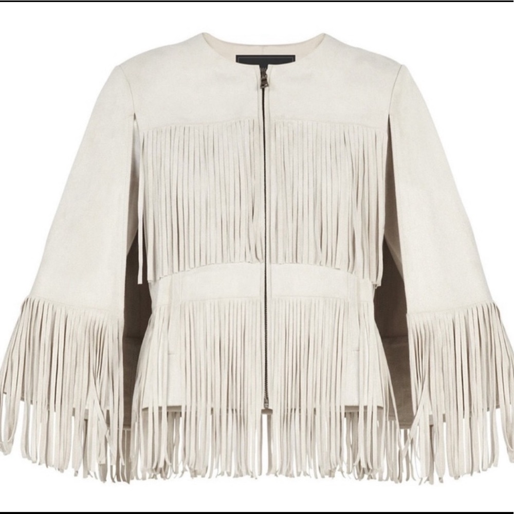 BCBG Maxazaria Jonah faux suede off white fringe cape jacket